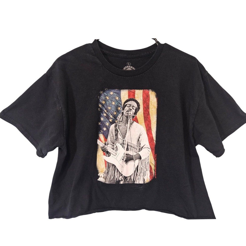 Authentic Hendrix Jimi Hendrix American Flag Black Crop Top T-Shirt Large Grunge
